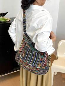 New Casual Women's Shoulder Bag, Fashion Plaid Pattern Linen Shoulder Bag, Random Striped Pattern - Multicolor - View 2