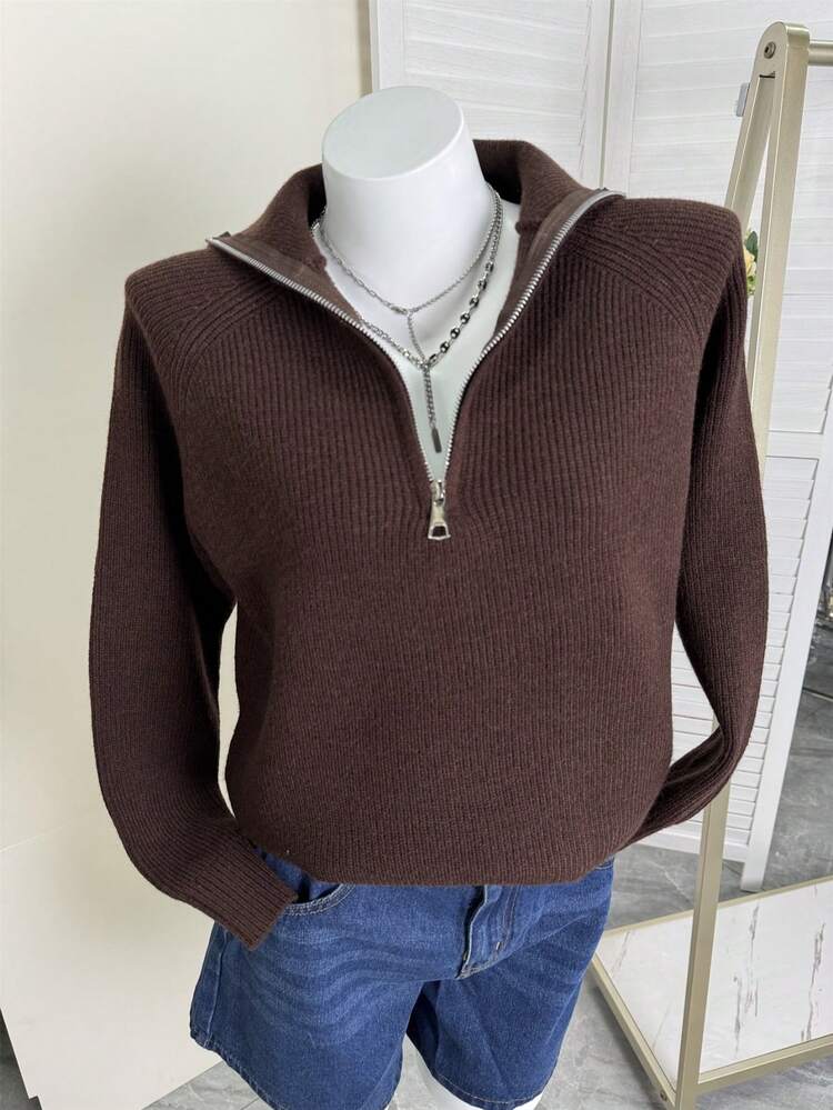 Striped Print Half Zip Up Casual Long Sleeve Knit Sweater - Coffee Brown - View 3