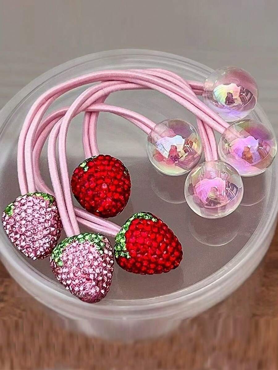 2 chiếc dây buộc tóc hình dâu tây đính đá cho nữ, màu hồng hình dâu tây đính đá, dây buộc tóc bền chắc, độ đàn hồi cao, dùng để giữ tóc đuôi ngựa, dây chun buộc tóc, dây buộc tóc, phụ kiện tóc, dây chun giữ tóc. - Nhiều màu - Xem 1