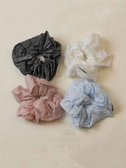 1 pieza Coletero con volantes y cristales de rayas frescos, accesorio para el cabello con scrunchie de color crema para niñas, coleteros, coleteros scrunchie, lavarse la cara, accesorios para el cabello