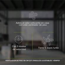 Ventilador de Piso 58 cm (23") con 3 Velocidades, 5 Aspas Turbo, Ángulo Ajustable, Base Estable y Garantía de 1 Año | VENPI01