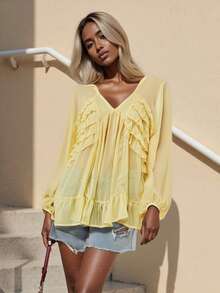 Women's Autumn Sheer Mesh Tops Long Sleeve V Neck Ruffle Trim T-Shirt With Scarf - Yellow - View 7