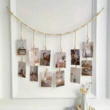 Wooden Photo Hanger With Boho Beads - Aesthetic Wall Decor For Bedroom, Nursery, Dorm | Natural Wood Frame, Linen Rope, Minimalist Home Decor, Picture Display, Rustic Chic Style - 卡其色 - 查看 6