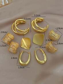 1 套简约几何金属椭圆形多层 C 形复古优雅奢华耳环首饰套装，适合女性日常和节日 - 金色 - 查看 7