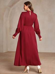 Stylish Red Long Arabian Dress With Stand Collar Puffed Sleeves And Unique Beaded Fringe Accent - Red - View 2