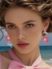 1 Pair Of Gorgeous Pink Heart Shaped Earrings, Exquisite Bow Earrings For Ladies Earrings, Elegant Jewelry Accessories, Wedding Engagement Jewelry, Dinner Prom Decorations, Mother's Day Gifts For Mom - Pink - View 5