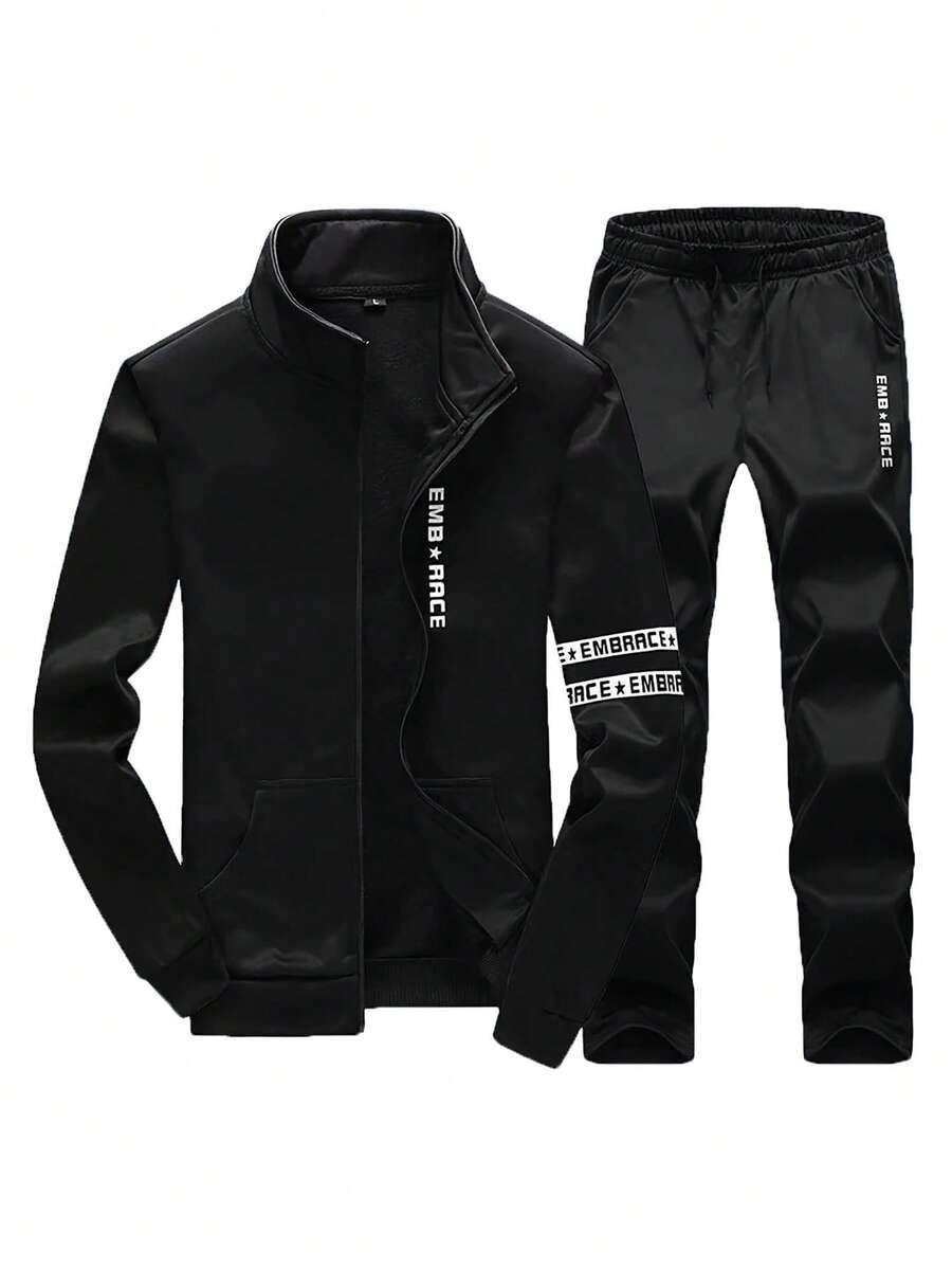 Spring And Autumn Fleece Zipper Cardigan Printed Casual Sportswear Set - màu đen - Xem 1