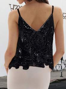 Women's Glitter Sequin Cami Tops Sleeveless Spaghetti Strap V Neck Camisole Summer Clubwear - màu đen - Xem 6