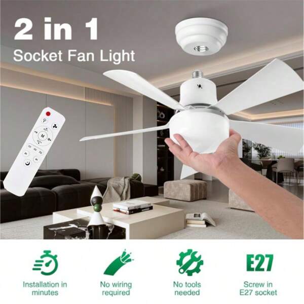 Ventilador de techo LED con luz, control remoto, regulable, de 30W con base E27, moderno y inalámbrico, iluminación para el dormitorio y la sala de estar