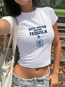 Save Water Drink Tequila Women's Fashion Short T-Shirt,Y2K, Streetwear, Casual,Rock,Crew Neck,Short Sleeve Tee, Holiday, Vacation,Festival,Daily Wear,Summer Tops - 白色 - 查看 1