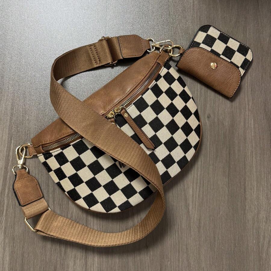 GAINSNS Checked Pattern Crossbody Bags For Women, Women's Fanny Pack With Headphone Bag, Fashion Shoulder Bag With Adjustable And Removeable Straps For Daily Shopping Travel - 棕色 - 查看 1