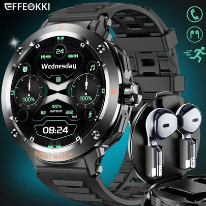  EFFEOKKI Men's 2-In-1 Smart Watch (With Earbuds) - Zinc Alloy Bezel, 1.46" Touchscreen, Supports Wireless Calling, Music Playback, NFC, Multiple Sports & Health Tracking Functions, Compatible With IOS/Android
