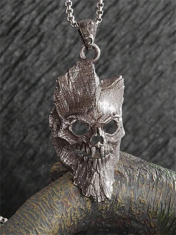 1pc Fashionable Punk Rock Evil Wood Skeleton Pendant Necklace, Unisex Hip Hop Style Jewelry, Halloween Gift