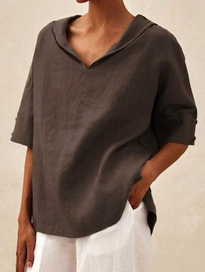 Women's Casual Solid Color Turndown Collar Mid-Sleeve Loose Shirt, Summer