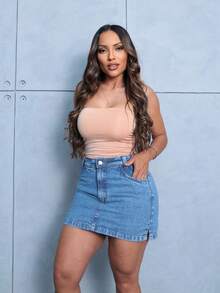 Shorts Jeans Skirt With Side Opening - 中等水洗藍 - 查看 6