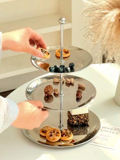 1 قطعة طبق كيك دائري من الفولاذ المقاوم للصدأ بمرآة فضية، طبق حامل حلويات متعدد الطبقات، طبق الكيك العصري لوجبة الشاي بقاعدة مرتفعة لعرض الحلويات والمعجنات