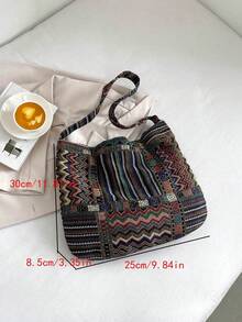 New Casual Women's Shoulder Bag, Fashion Plaid Pattern Linen Shoulder Bag, Random Striped Pattern - Multicolor - View 3