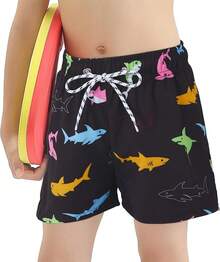 Boys Swim Trunks With Boxer Brief Liner Swim Shorts Compression Liner Youth Anti Trunks Halloween Christmas New Year - 彩色鯊魚 - 查看 4