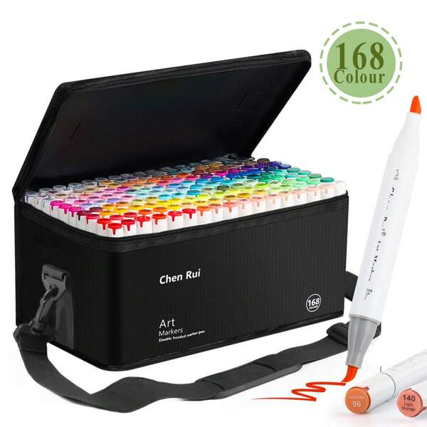 Marcadores de arte multicolor Chen Rui, set profesional de marcadores de punta doble permanentes de 168/120/100/80/60/48 colores con punta de pincel y biselada, con suministros base para dibujo, perfecto para artistas, libros de colorear para adultos, bocetos, ilustraciones y de vuelta a la escuela - recargables
