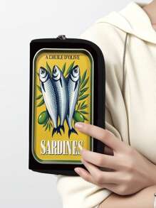 沙丁鱼印花拉链钱包，可装硬币、现金、信用卡、身份证，长款钱包，教师生日礼物、感谢礼物、通勤礼物、节日礼物、办公室周年纪念礼物、生日礼物、情人节礼物、女士结婚礼物、白领礼物、女士莲花钱包、女士钱包、长款钱包