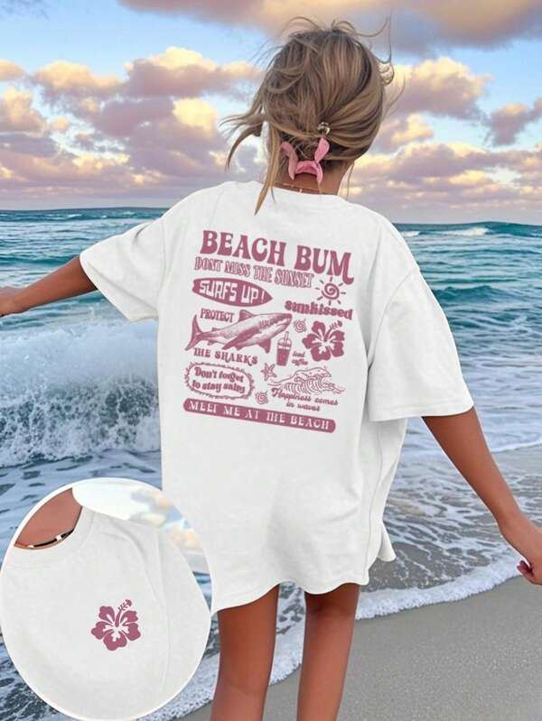 Women's Casual Shark Letter, Wave & Floral Print Round Neck Short Sleeve T-Shirt, Fashionable & Versatile For Spring/Summer