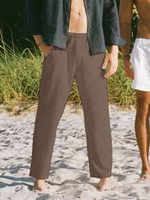 Pantalones rectos de lino para hombre, de un solo color, con cordón y bolsillo, de ajuste relajado - Café integral - Ver 4