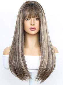SMILCO 24-Inch Women's Wig, Long Straight Hair With Straight Bangs, Brown Highlights, High-Temperature Silk, Comfortable And Breathable, Suitable For Daily Wear - 挑染棕色 - 查看 10
