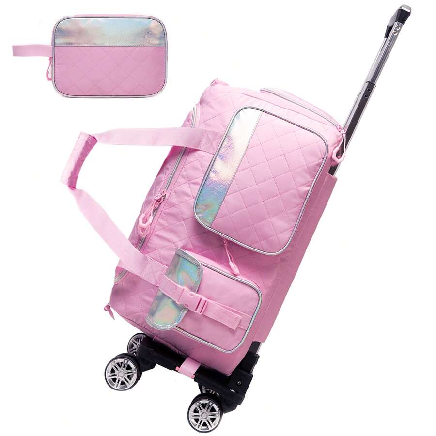 2pcs/Set Teen Girls Rolling Travel Bag Set, With Wheels, Travel Overnight Dance Bag, Includes Makeup & Toiletry Bag - Green X5102F - View 1