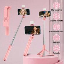 Palo selfie y trípode para teléfono, luz de relleno portátil para selfie, trípode profesional todo en  con control remoto, compatible con Android/iPhone - Rosa - Ver 1