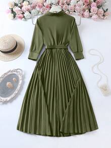 Lightweight Solid Color Pleated Skirt With Belt, Elegant Vintage Dress For Women, Autumn/Winter - Olive Green - View 6