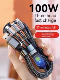 3-In-1 Super Fast Charging Cable, 3-In-1 Charging Cable With Transparent Illuminated Braided Nylon Wire, Fast Charging Data Cable Compatible With IPhone, Android, Camera, MP3 Universal Adapter 100W