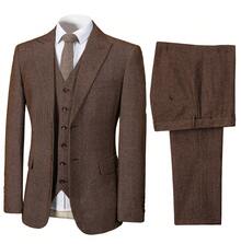 Mens Vintage Suit 3 Pieces Slim Fit Formal Tweed Blazer Peak Lapel Herringbone Wedding Prom Tuxedos Groomsmen - màu nâu - Xem 2