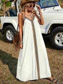 Plus Size Long Viscose Dress With Stripe Details And A V-Neck With Spaghetti Straps. - White - View 4