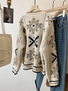 Autumn/Winter Casual Geometric Pattern Cardigan With Horn Buttons - Multicolor - View 4