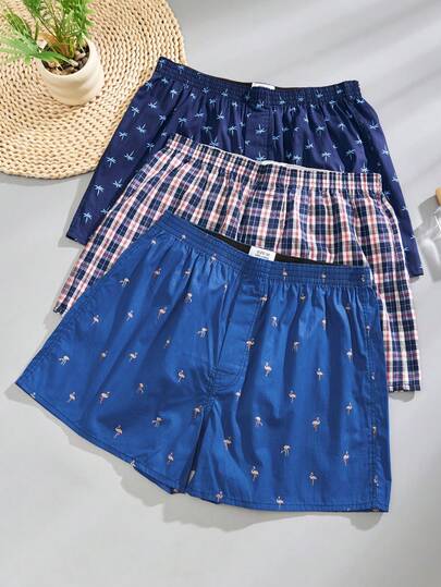 3 Pcs Men's Cotton Printed Classic Plaid Fashion Comfort Aloe Vera Pants