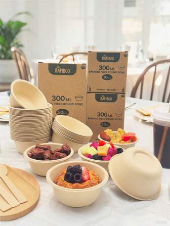 300毫升（10盎司）和500毫升（17盎司）一次性纸碗 - 采用竹纤维制成，防油、防水、耐热！小容量适合盛放零食和酱料，大容量适合盛放热汤和方便面。适合户外野餐、露营聚会、烧烤派对等。
