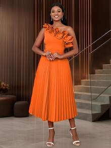 AOMEI Women's Elegant Solid Color One Shoulder Ruffled Pleated Dress - Orange - View 4