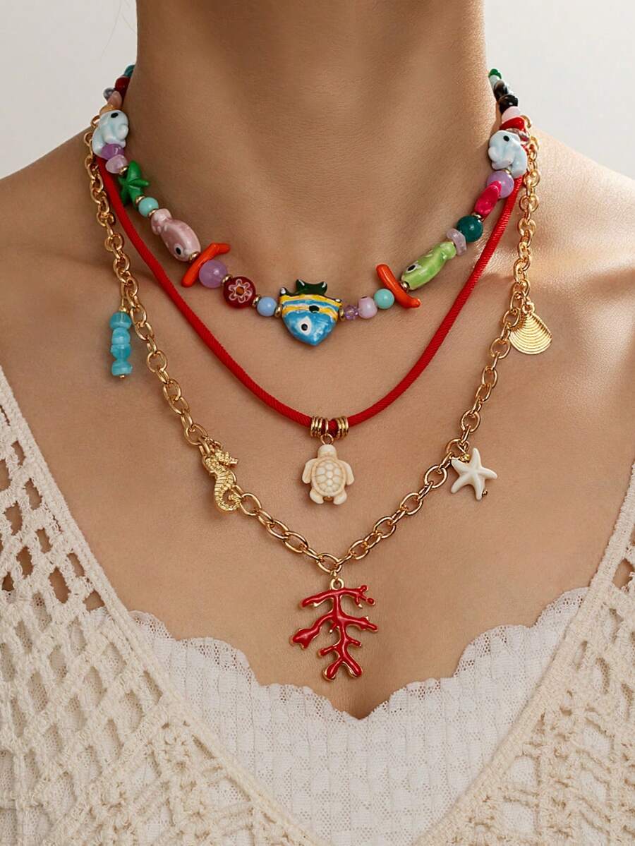 3 件亚克力陶瓷鱼吊坠、珊瑚珠项链、油滴红珊瑚龟吊坠项链，适合女士日常佩戴和海滩度假 - 彩色 - 查看 1