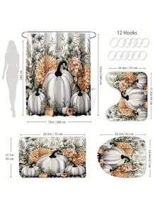 1/4 件南瓜秋季浴帘套装，水彩花卉南瓜感恩节浴室套装，带浴帘和地毯，防水涤纶面料浴帘浴室和家居装饰，含 12 个挂钩，感恩节、秋季、万圣节、圣诞节装饰浴室装饰 - 彩色 - 查看 3