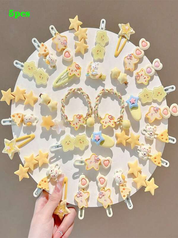 5pcs/Set Girls Cute Dopamine Hair Clip Set, Including Yellow Star Hair Clips, New Sweet Frame Packaging, Fresh And Lovely, Cheese Hair Clips, Heart-Shaped Bangs Side Clips, Duck Mouth Clips, A Perfect Gift
