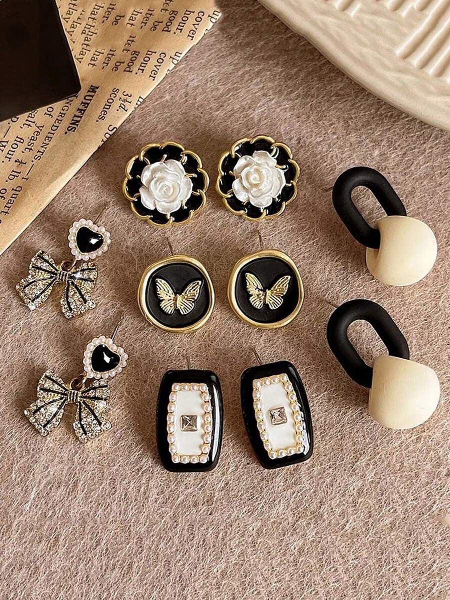 1 套复古水钻蝴蝶结、仿珍珠、花朵、心形、方形耳环,不对称、简约,适合女性日常和节日 - 套裝F款 - 查看 1