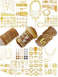 86/68/61/58/40/35 Stücke Vintage elegantes Mode Multi-Element Kunstperle Herz Schmetterling Seestern Muschel Blume Blatt Kubikzirkonia Bling geometrische Linie verdrehtes Cut Out Design Halskette Ohrringe Ring Armband Schmuckset, personalisiertes minimalistisches raffiniertes Design, geeignet für Schmuck, Urlaub, Party, Date, Alltag