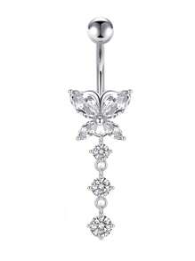 Set de 5 piezas de 14g de barras de ombligo de acero inoxidable con aros colgantes de ombligo para mujer, joyería de perforación con colgantes de corazón, flor y mariposa en plata y oro