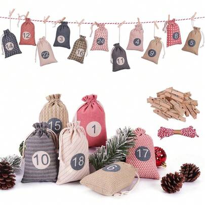 24pcs/Set Christmas Gift Bags With Drawstring, Christmas Countdown 1-24 Gift Bags With Jute Rope & Clips, Suitable For Christmas Party, Decoration, Tree Hanging Bags