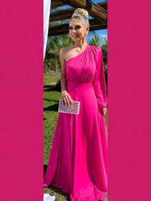 Women's Fluity Long Dress One Long Sleeve Plain Color Fashion Formal Prom Wedding - 玫紅色 - 查看 1