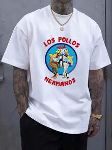 Men'S Casual Short Sleeve T-Shirt - Black "LOS POLLOS HERMANOS" Dance Chicken Graphic Print, Round Neck Summer Tee, Machine Washable, Bold Fashion Design, Comfortable Regular Fit, Ideal  Gift, Dance Tshirt - 白色 - 查看 1