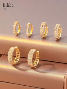 Hihho 6 Peças/Conjunto Conjunto de Brincos Argola Redonda de Zircônia Cúbica da Moda, Zircônia de Fileira Única Minimalista, Fileira Dupla Clássica Cintilante Circular, Elegante Francesa Fileira Tripla Vazada Joia de Luxo, Acessórios Graciosos para Senhoras Melhor Presente para Feriados e Dia dos Namorados - Ouro amarelo - Visão 1