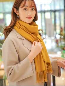 MilyModa Women's Imitation Cashmere Scarf, Thin Winter 150g With Fringes - 芥末黃 - 查看 2