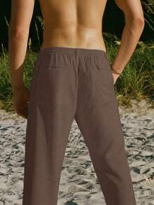 Pantalones rectos de lino para hombre, de un solo color, con cordón y bolsillo, de ajuste relajado - Café integral - Ver 2
