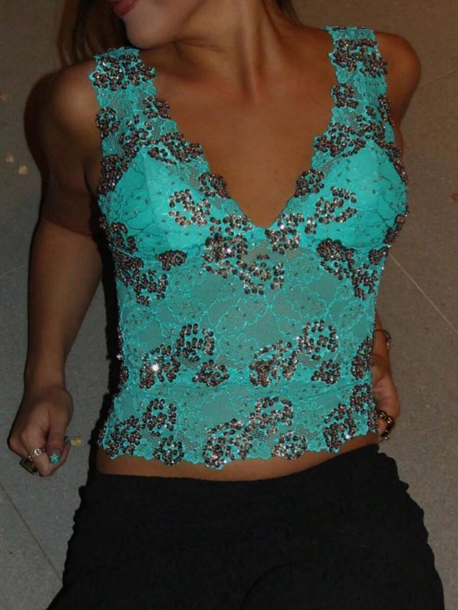 Women Y2k Lace Sheer Crop Tank Top Sleeveless Sparkle Sequin Floral Vest Tops Summer Sexy V-Neck Glitter Backless Crop Top Going Out Tops Slim Fit Shirt Summer Vacation Party Clubwear Vintage Aesthetic Clothes 90s - 綠色 - 查看 1